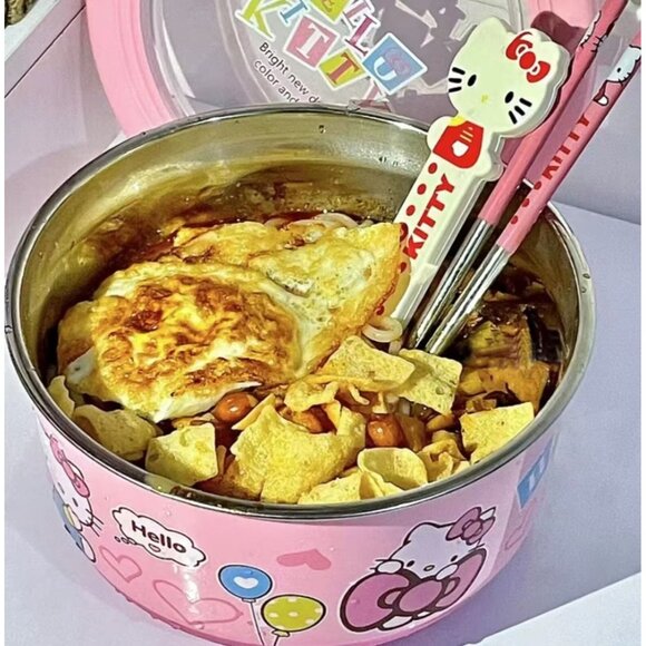 Hello Kitty Stainless Steel Bowl with Lid – 1200ml Ramen, Soup, Salad Rice Bowl - Picture 3 of 4